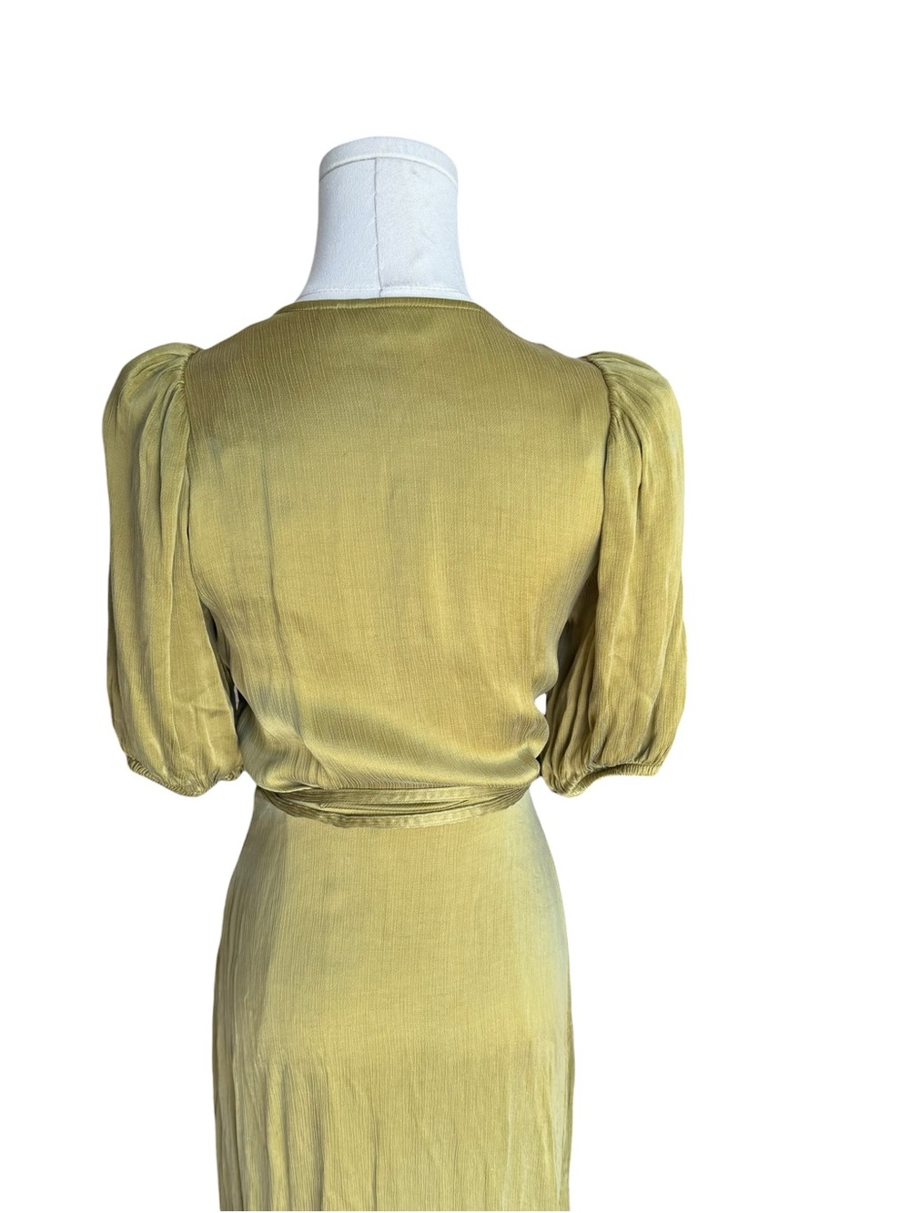 & Other Stories - Satin Wrap Midi Maxi Dress Olive Green Puff Sleeve Sz US 4 - Picture 6 of 9